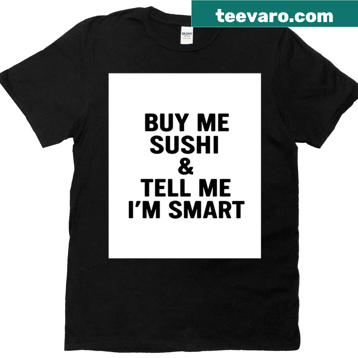 Oversized tee with 'Buy Me Sushi' text — on a men's t-shirt