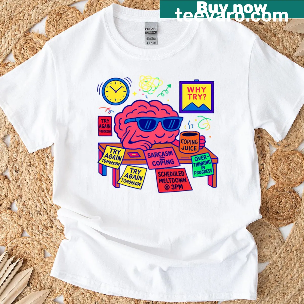 Illustration of a brain on a break with coffee-themed chaos — on a men's t-shirt