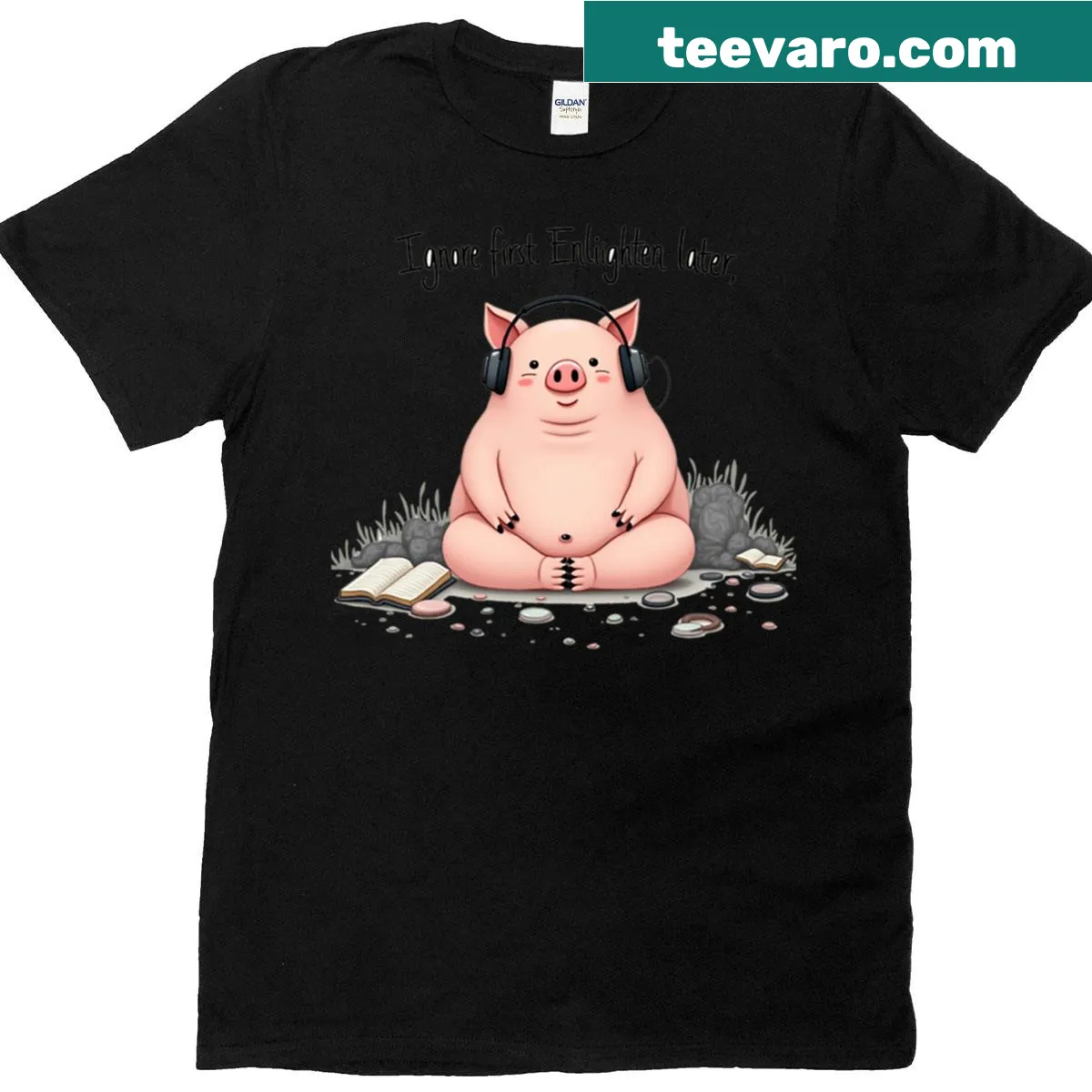 Cartoon of a calm pig with headphones amidst chaos on an oversized t-shirt — on a men's t-shirt