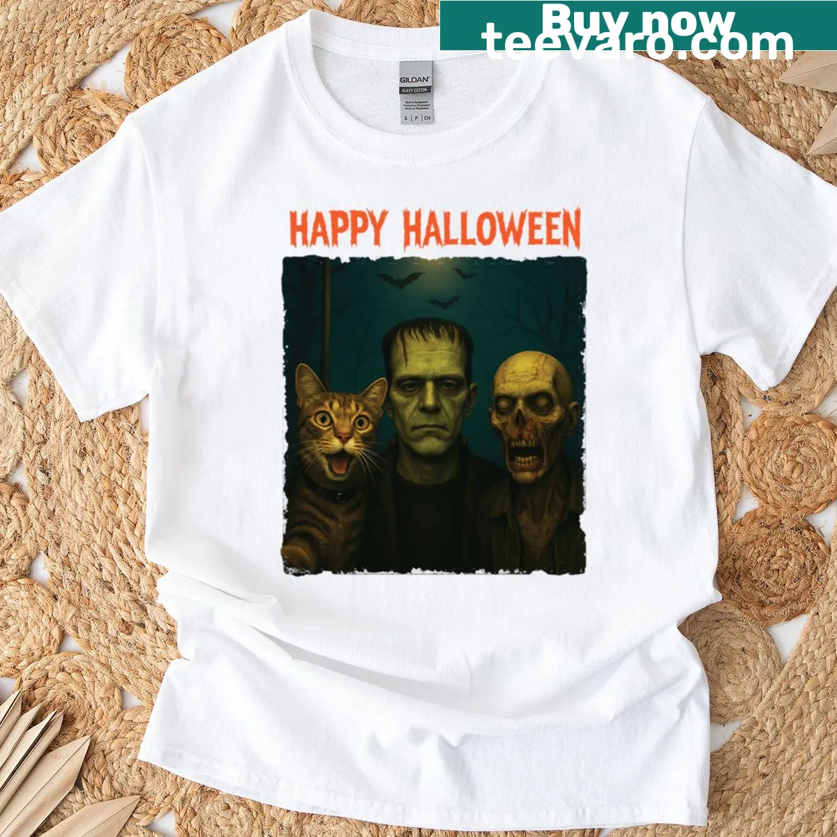 Funny Halloween T-shirt with cartoon Bigfoot zombie and cat — on a men's t-shirt