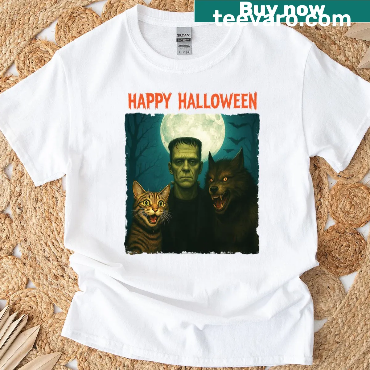 Funny Halloween T-shirt featuring cat as Frankenstein werewolf — on a men's t-shirt