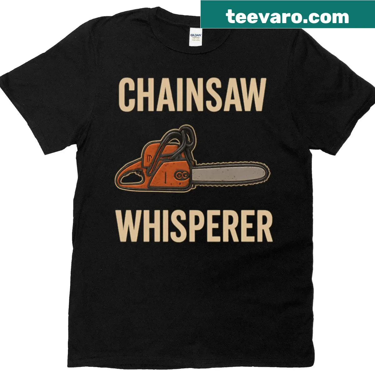 T-shirt with chainsaw whisperer emblem for tree cutters — on a men's t-shirt