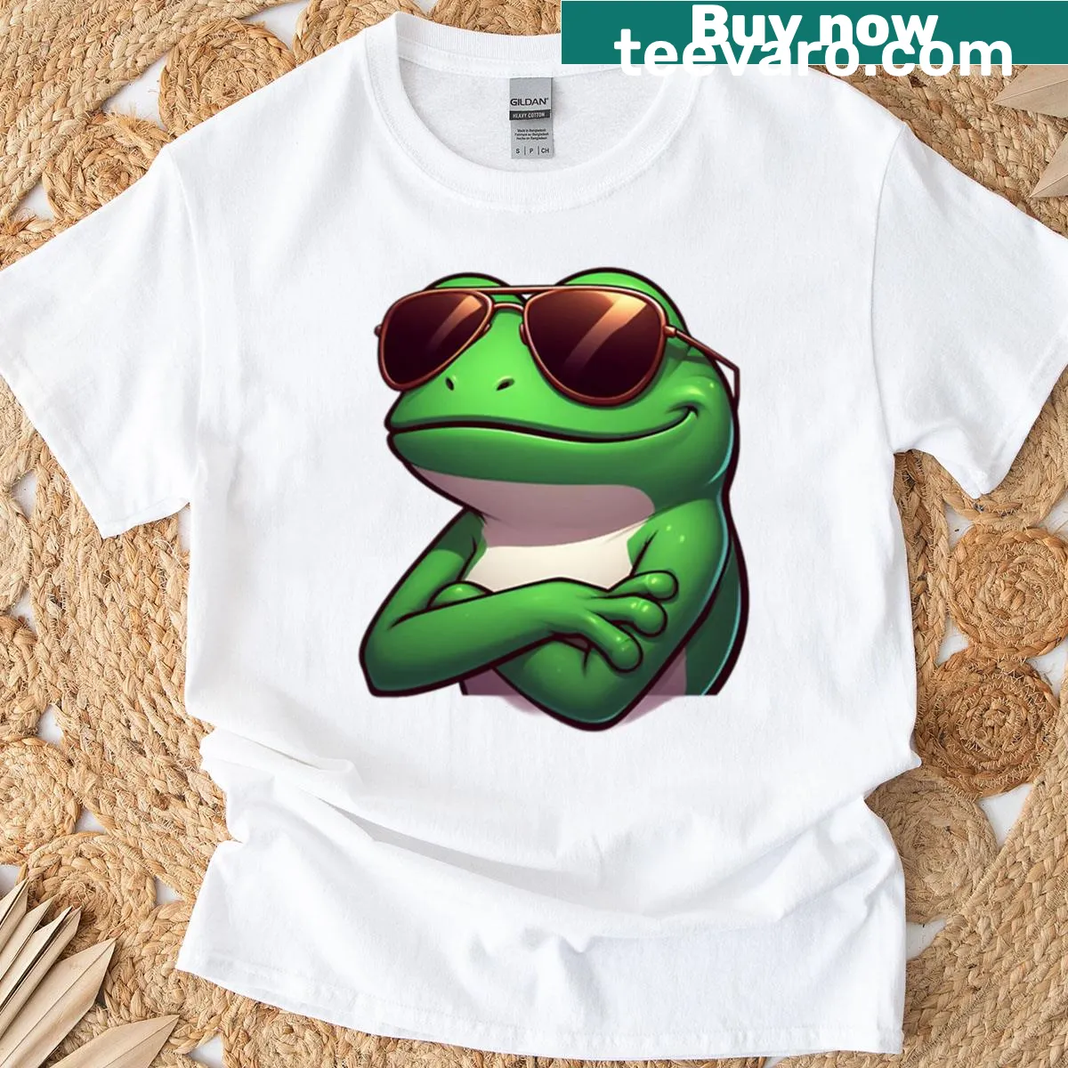 Cartoon frog wearing shades design on a T-shirt — on a men's t-shirt