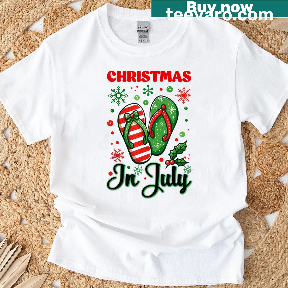 Summer vacation-themed T-shirt featuring flip flops and holiday graphics. — on a men's t-shirt