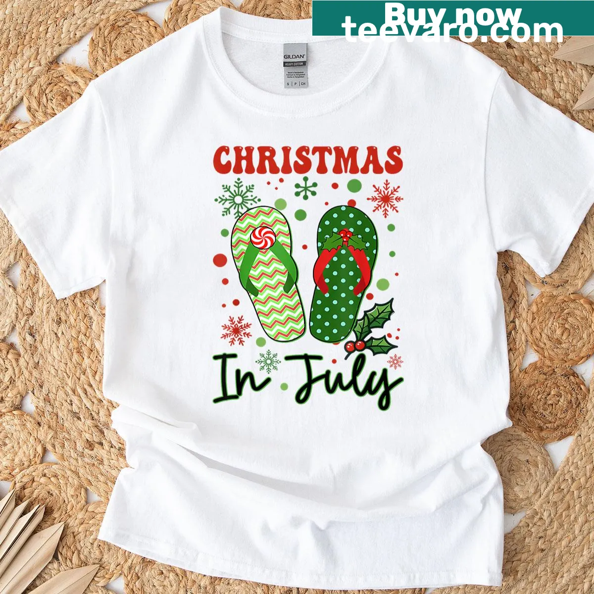 T-shirt featuring 'Christmas In July' and flip flops — on a men's t-shirt