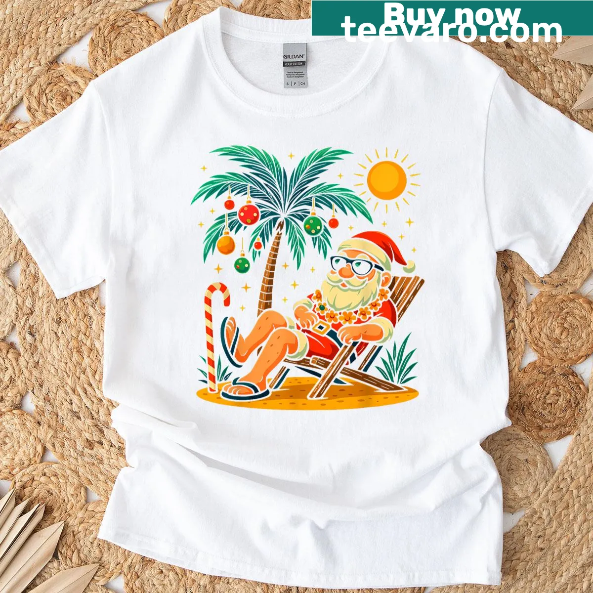 T-shirt featuring Santa by a palm tree design for Christmas in July — on a men's t-shirt
