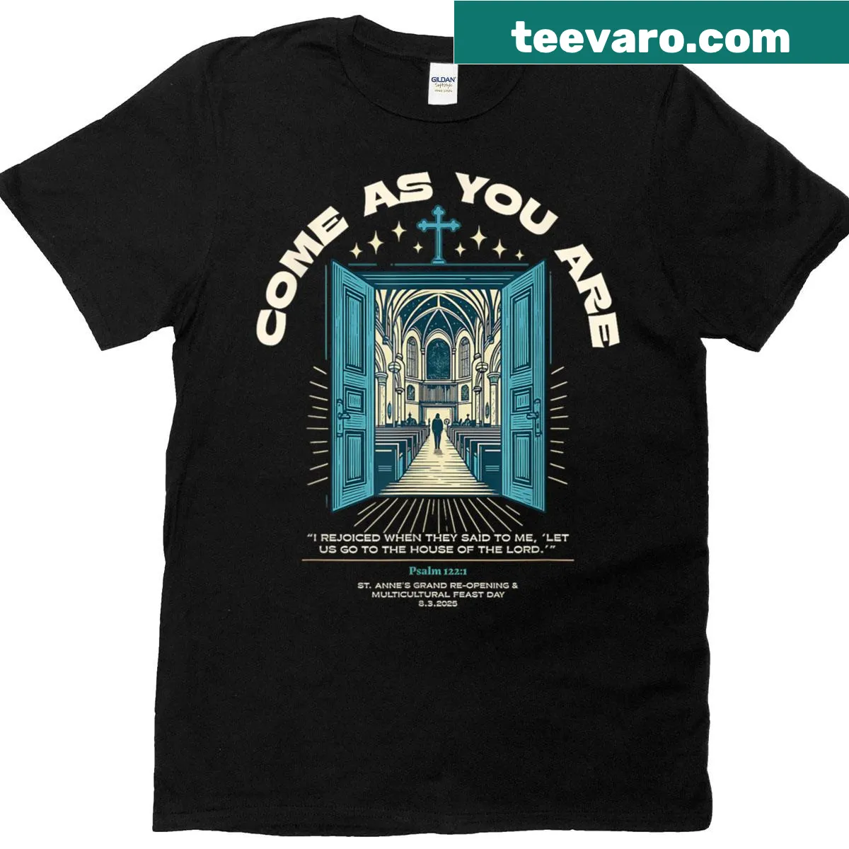 Welcoming message from Psalm 122:1 on a church-themed t-shirt — on a men's t-shirt
