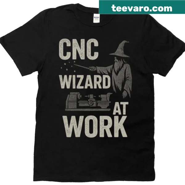 CNC wizard graphic on a machinist-themed T-shirt