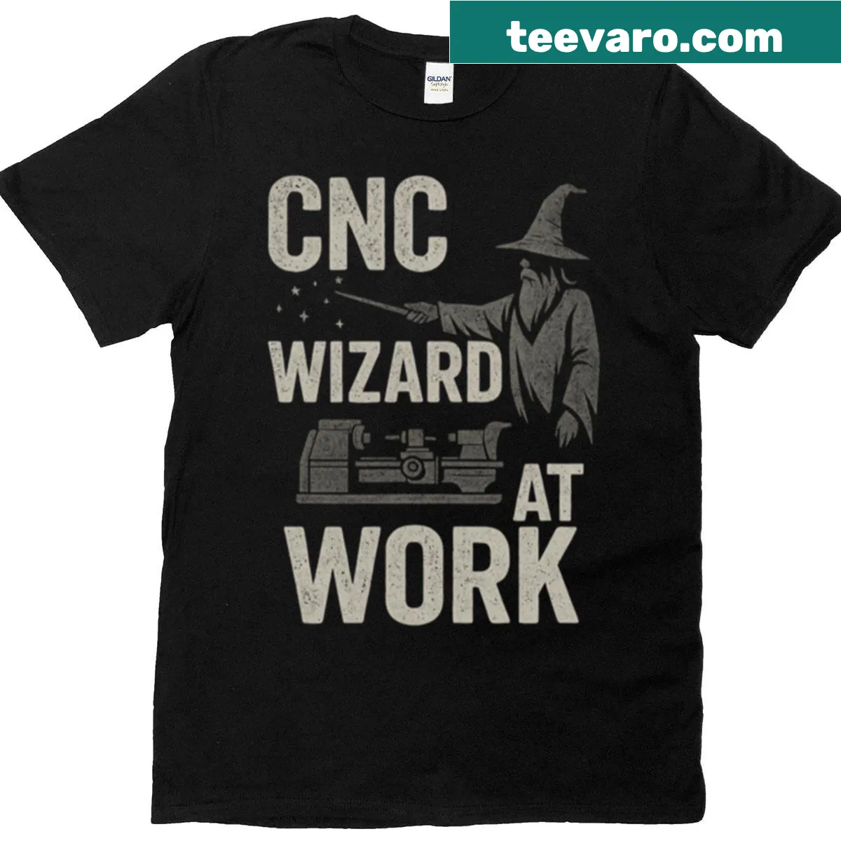 CNC wizard graphic on a machinist-themed T-shirt — on a men's t-shirt