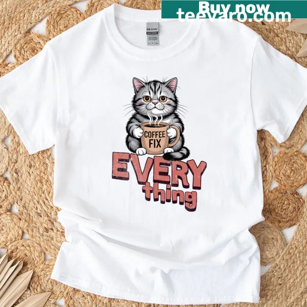 Cute sleepy cat with a coffee mug on a t-shirt