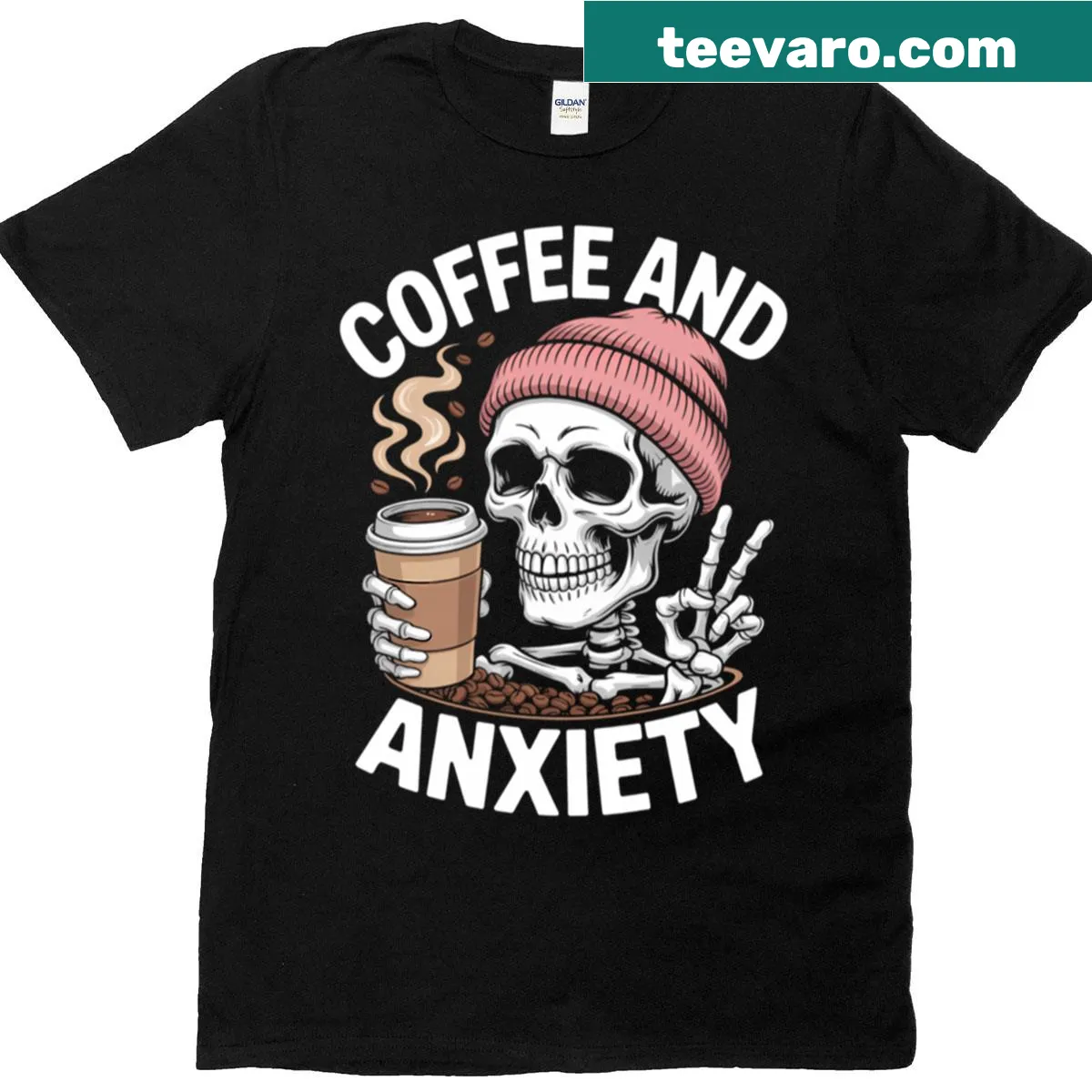 Funny skull illustration for coffee lovers, highlighting anxiety humor. — on a men's t-shirt