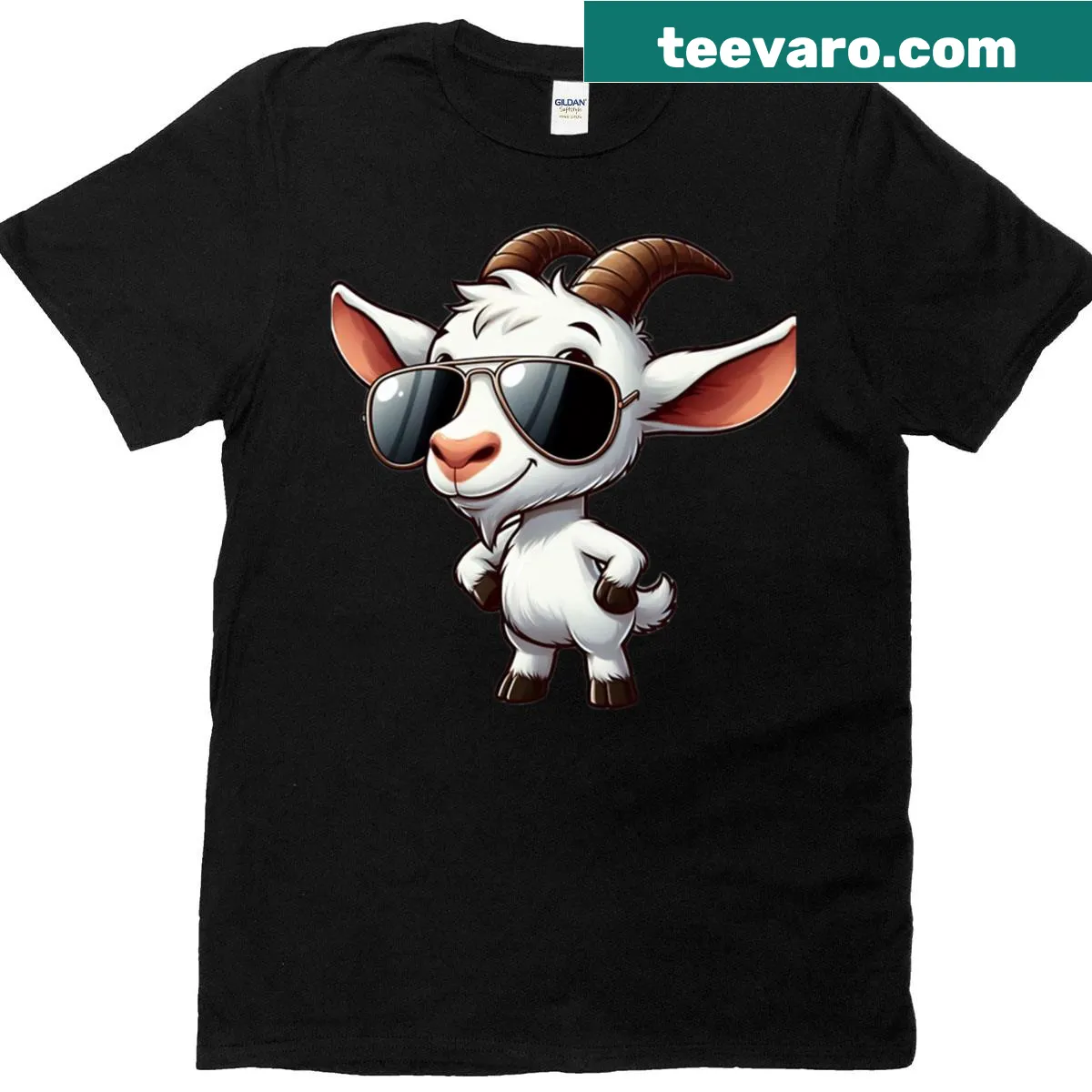 Cartoon goat in shades T-shirt, exuding confidence and playfulness. — on a men's t-shirt