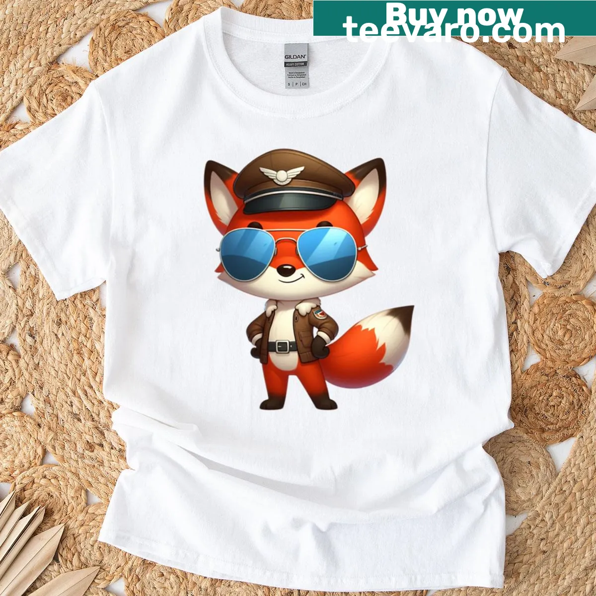 Funny T-shirt featuring a cartoon fox with aviator sunglasses. — on a men's t-shirt