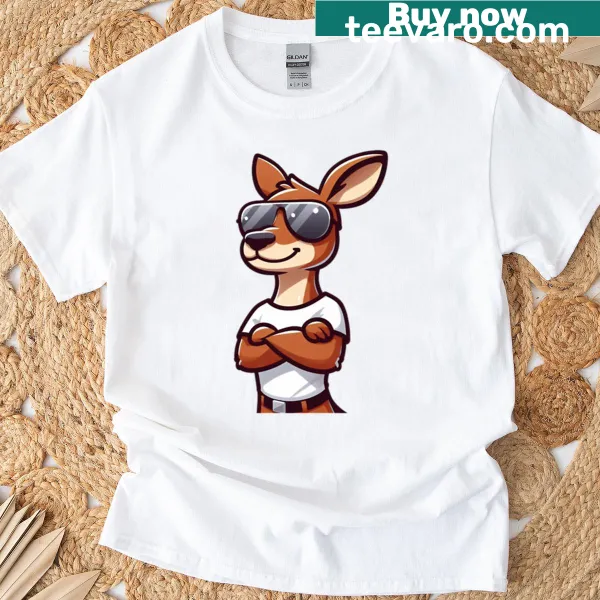 Oversized T-shirt featuring a cartoon kangaroo in aviator shades.