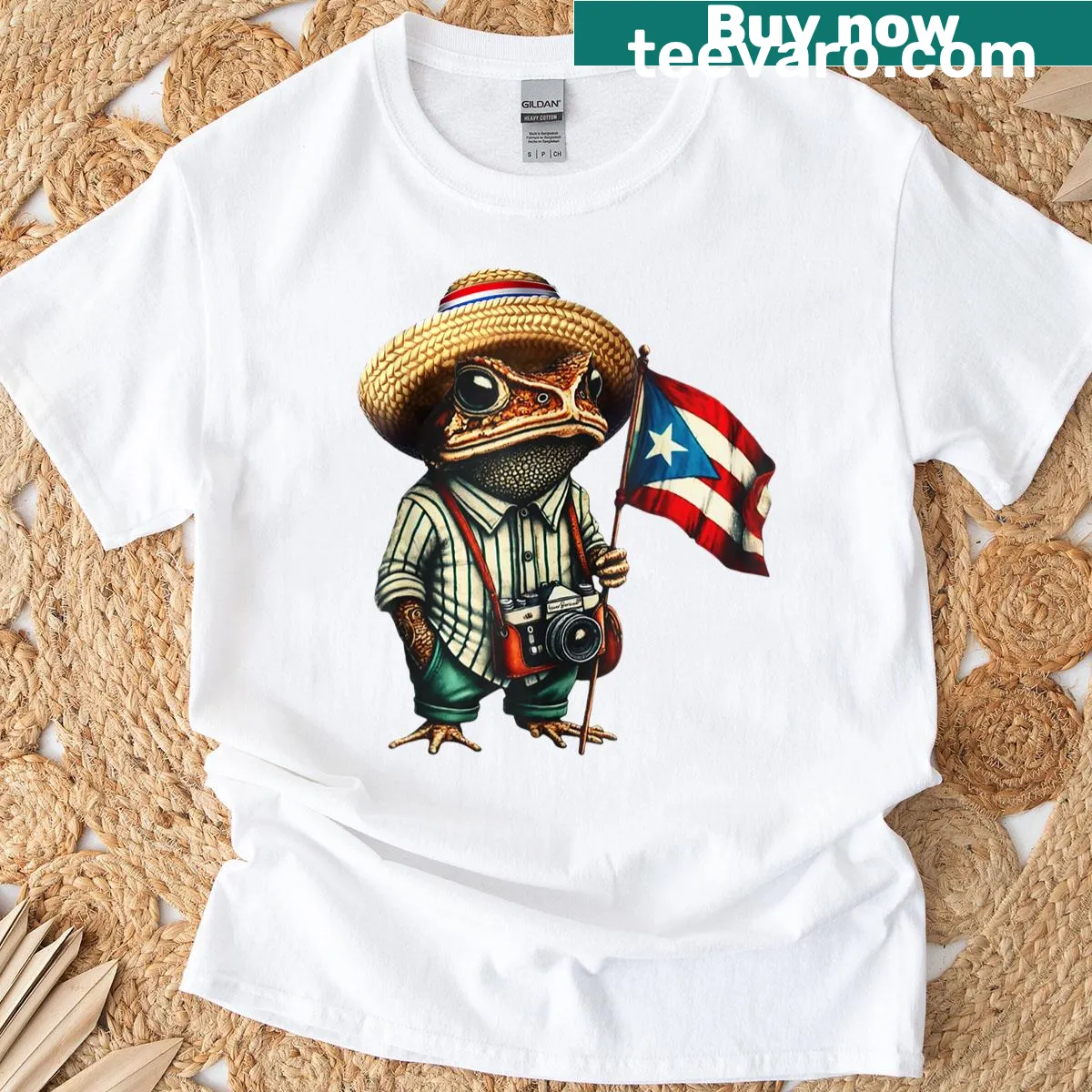 T-shirt with Coqui frog and Puerto Rican flag design — on a men's t-shirt