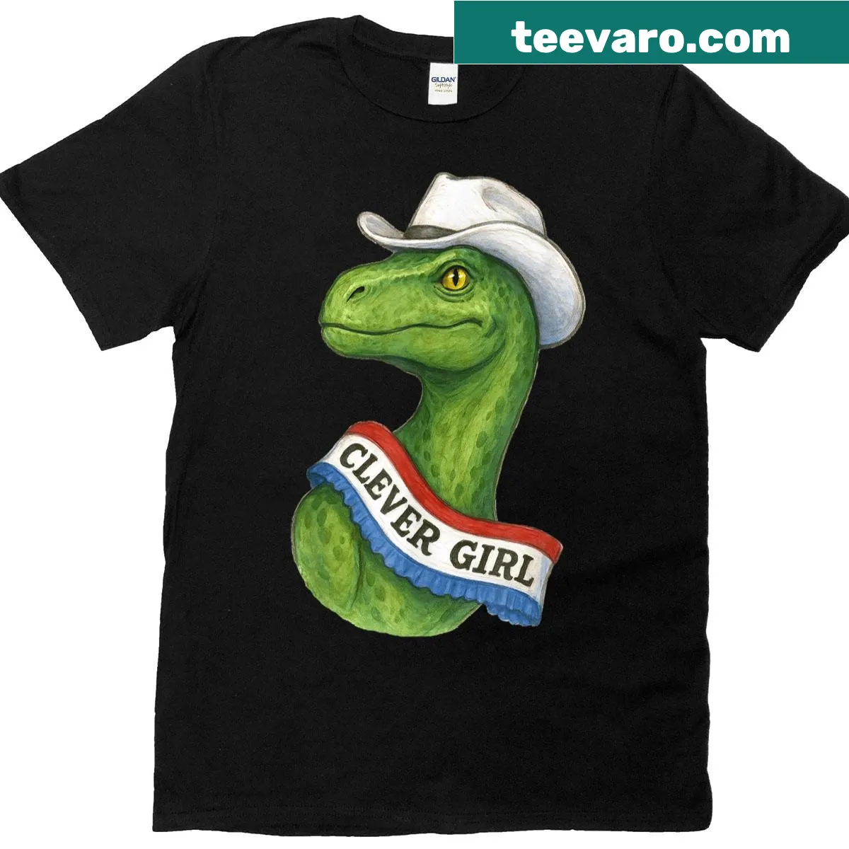 Playful cowgirl dinosaur t-shirt with a clever graphic — on a men's t-shirt