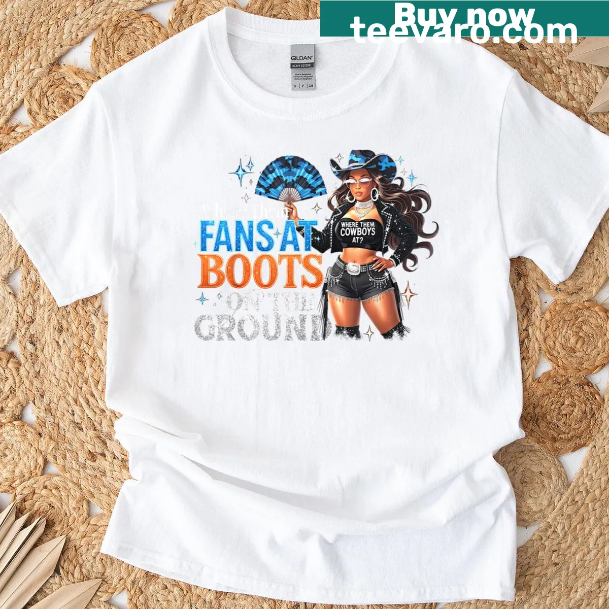 Cowgirl t-shirt with 'Where Them Fans At' and boot graphic — on a men's t-shirt