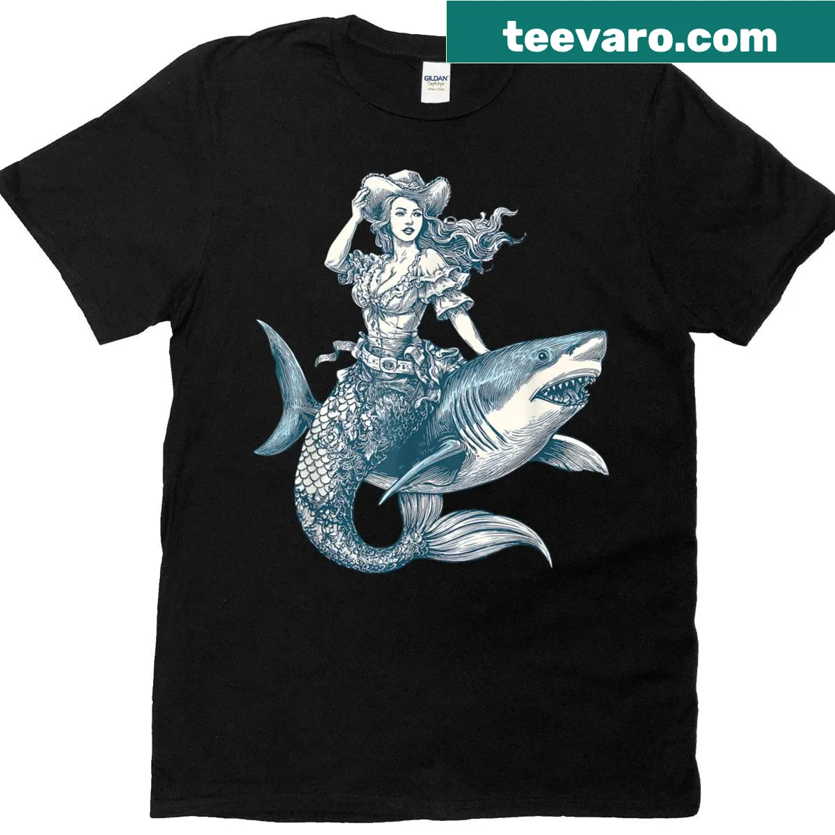 Whimsical cowgirl mermaid riding a shark t-shirt — on a men's t-shirt