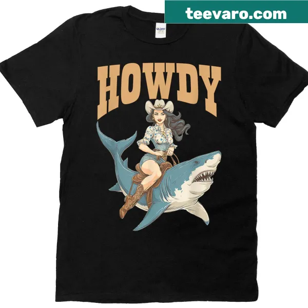 Cowgirl riding a shark in a funny design T-shirt