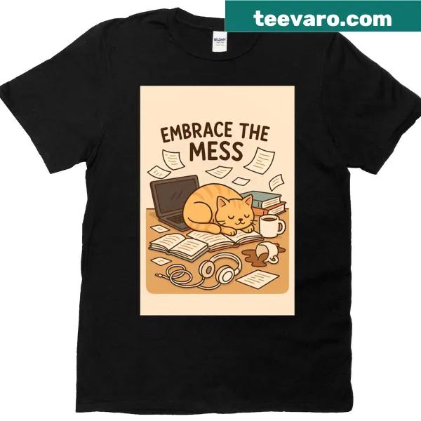 Illustration of a cat sleeping on a messy desk t-shirt