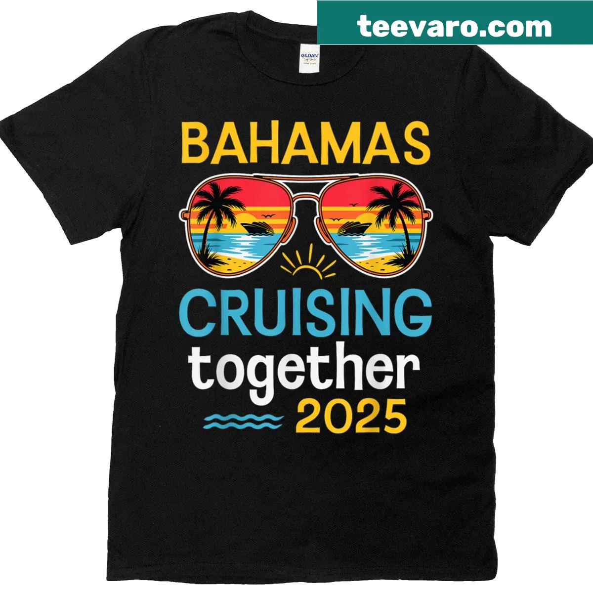 Matching t-shirt for couples with tropical cruise vacation theme — on a men's t-shirt