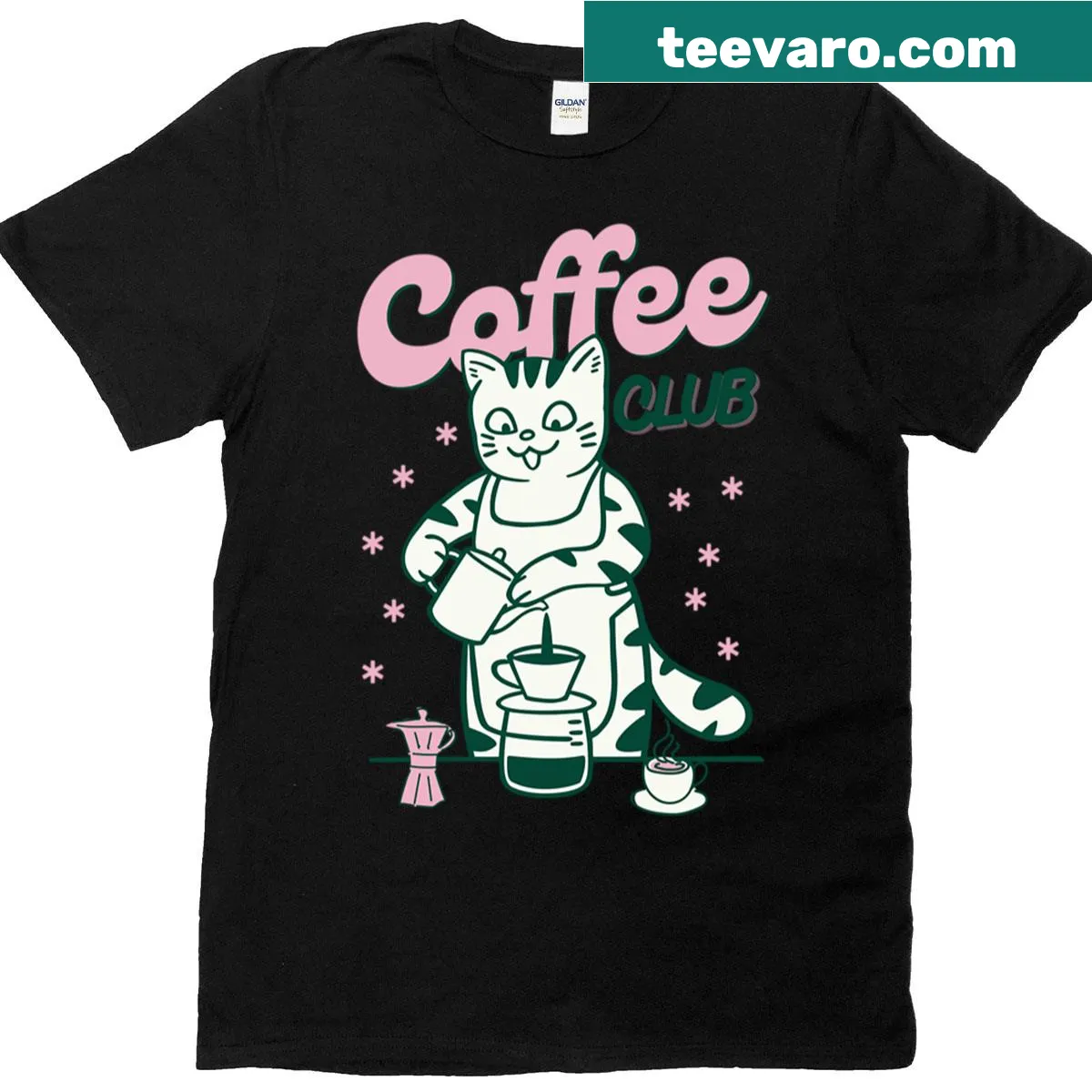 Illustrated oversized t-shirt featuring a cat and coffee cups — on a men's t-shirt