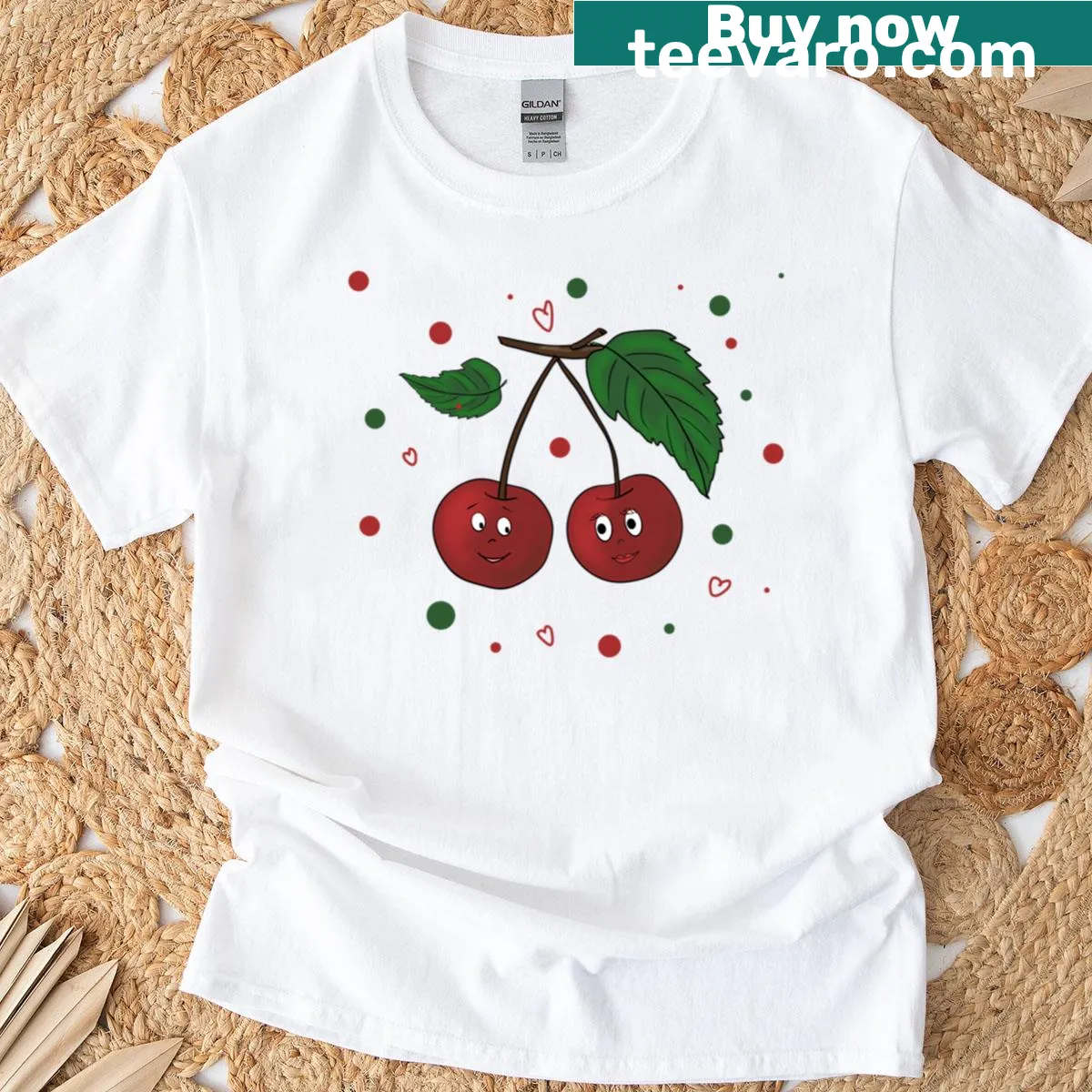 Cute T-shirt featuring a cherry love illustration — on a men's t-shirt