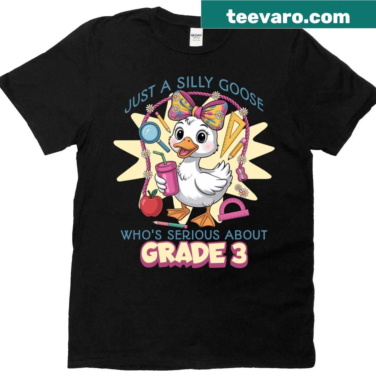 Illustrated t-shirt with a silly goose for third graders — on a men's t-shirt