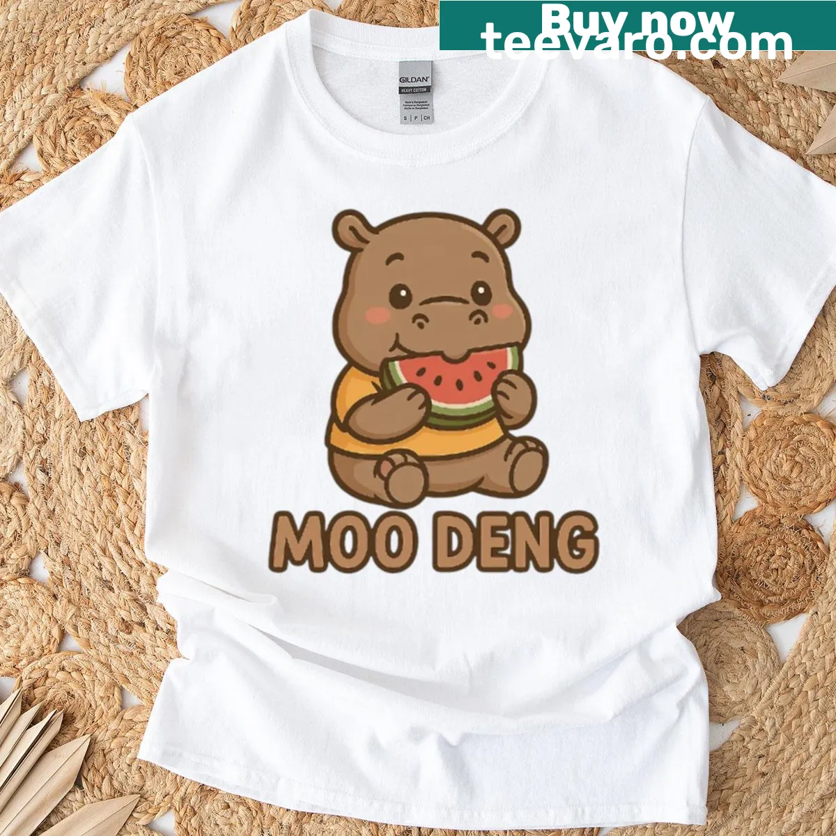 Kawaii hippo eating watermelon design on a T-shirt — on a men's t-shirt