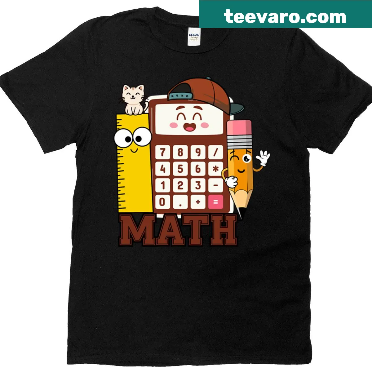 Cartoon t-shirt with math characters and a cat — on a men's t-shirt