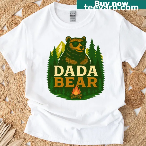 Graphic of a playful bear with fun dad text on a t-shirt