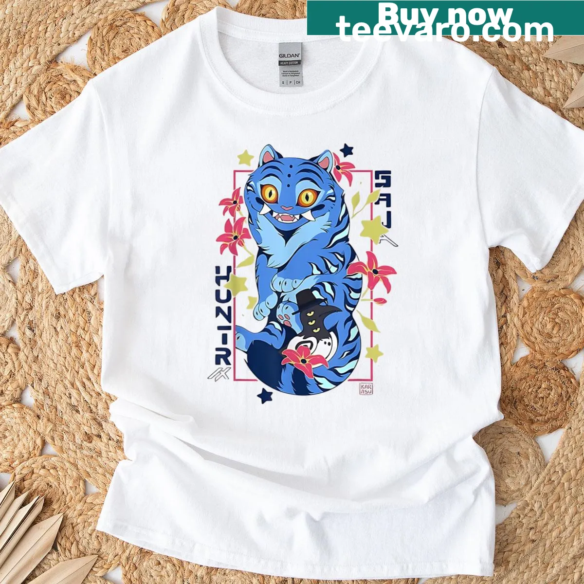 Derpy tiger and bird illustration on a T-shirt — on a men's t-shirt
