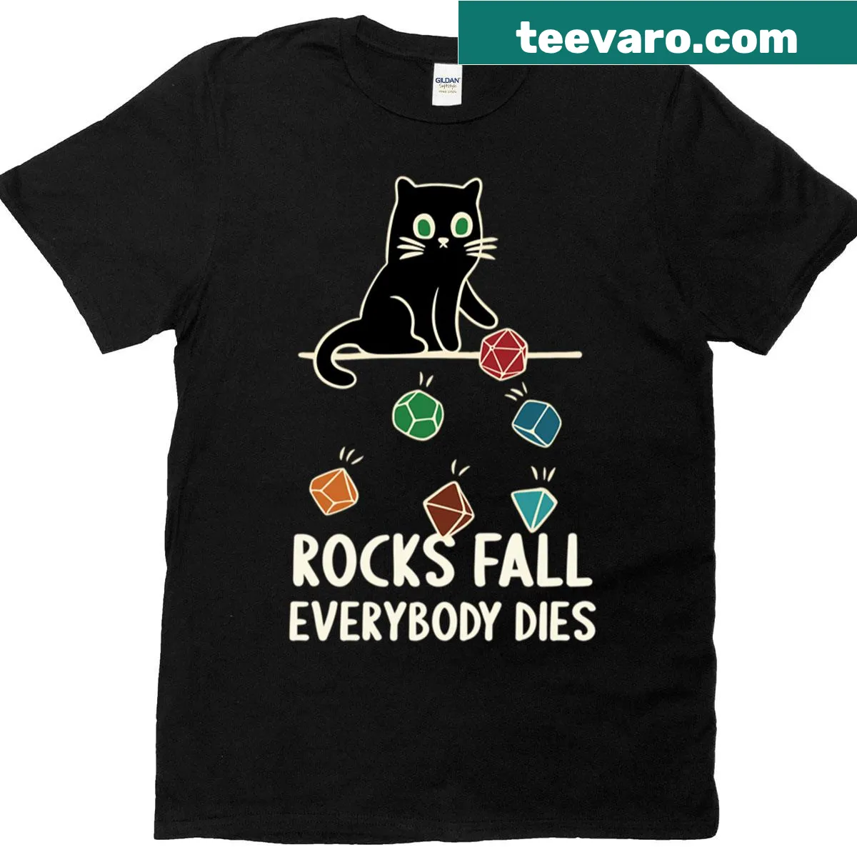 Funny T-shirt featuring a cat and the saying 'Rocks Fall Everybody Dies' — on a men's t-shirt
