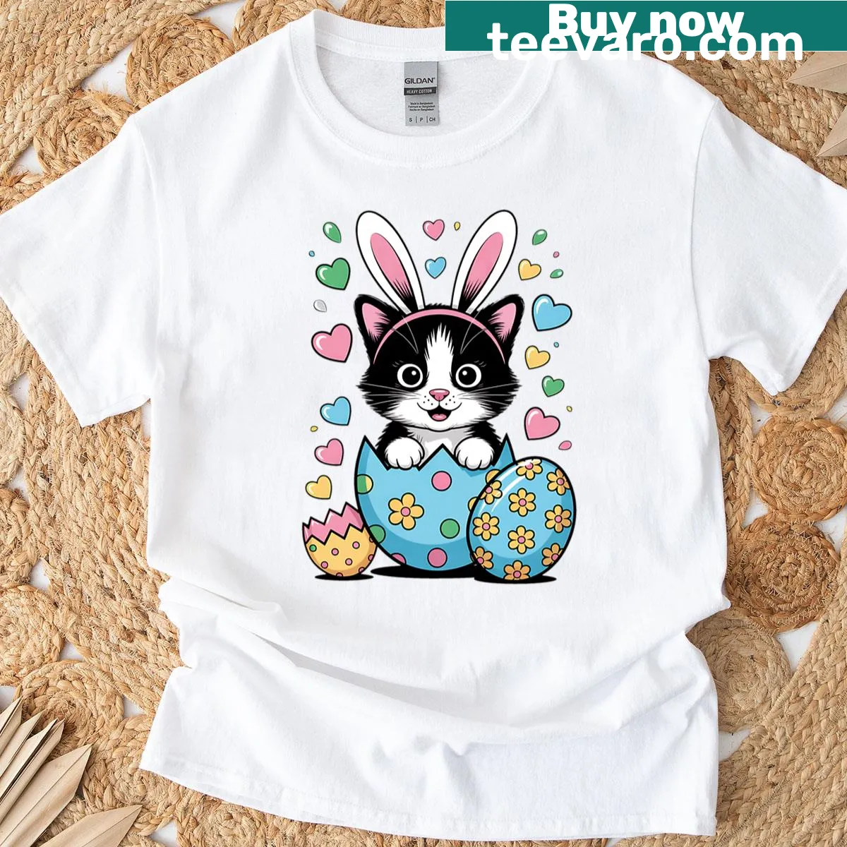 Funny cat wearing bunny ears graphic T-shirt for Easter — on a men's t-shirt