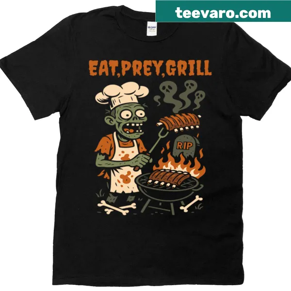 Zombie chef grilling with pun text for Halloween