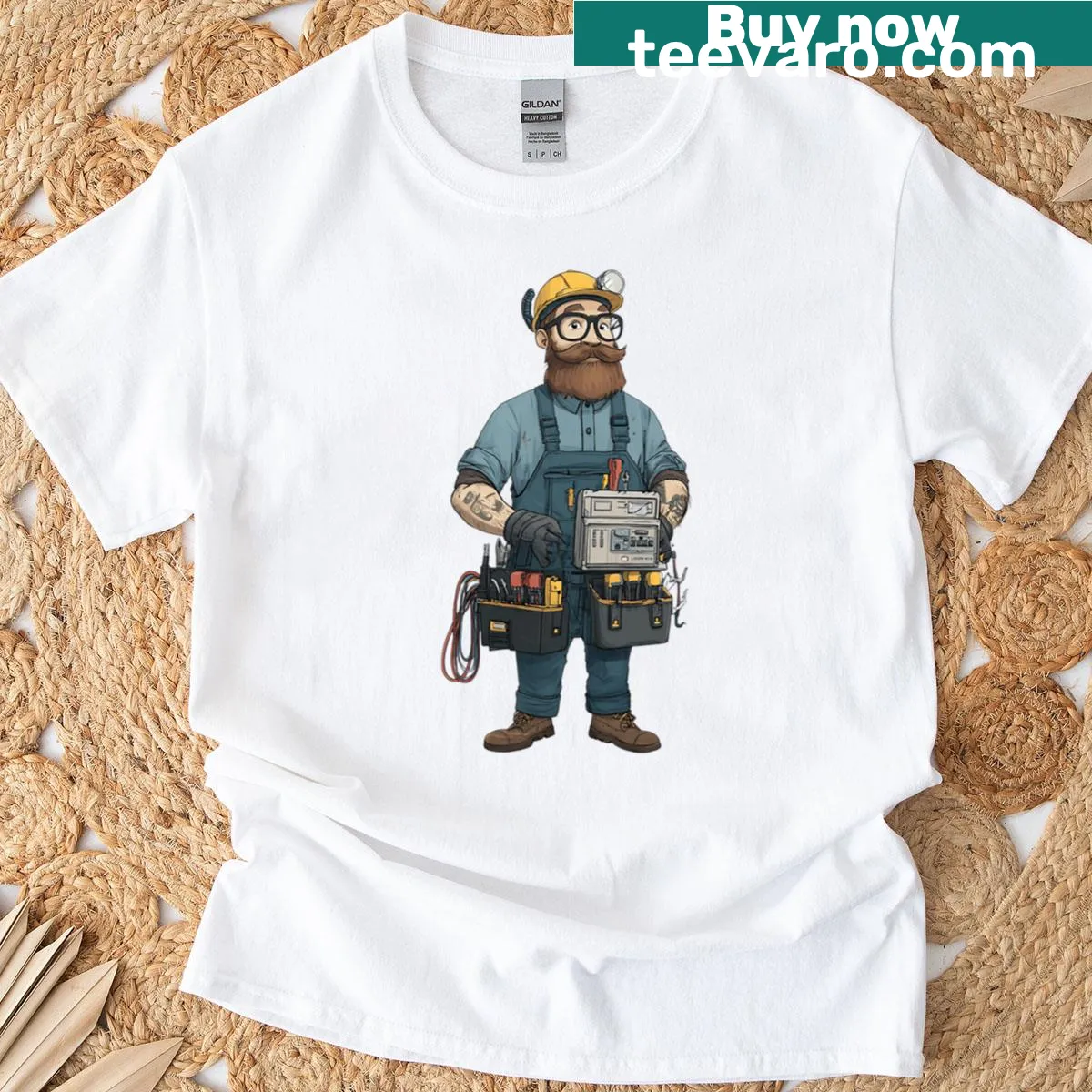 Illustrated Electrician-themed T-shirt with humorous sticker design. — on a men's t-shirt