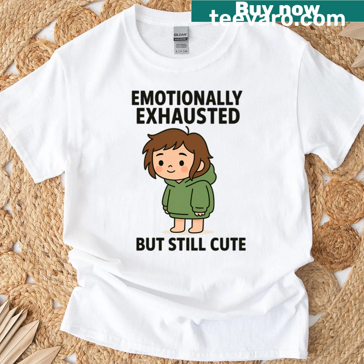 Oversized T-shirt with 'Emotionally Exhausted But Still Cute' text for women — on a men's t-shirt