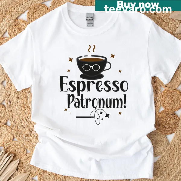Coffee-themed graphic with wizard design and text on T-shirt