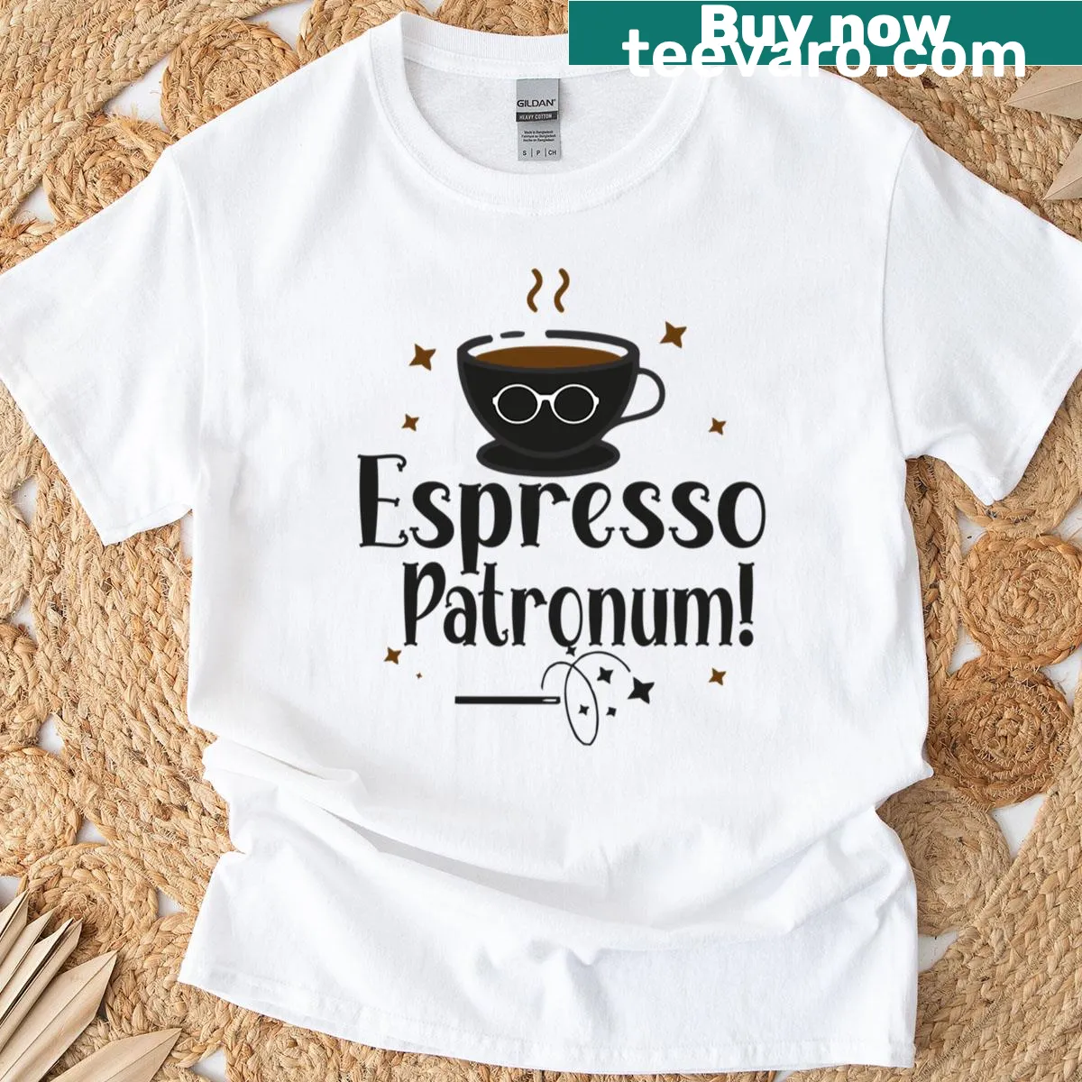 Coffee-themed graphic with wizard design and text on T-shirt — on a men's t-shirt