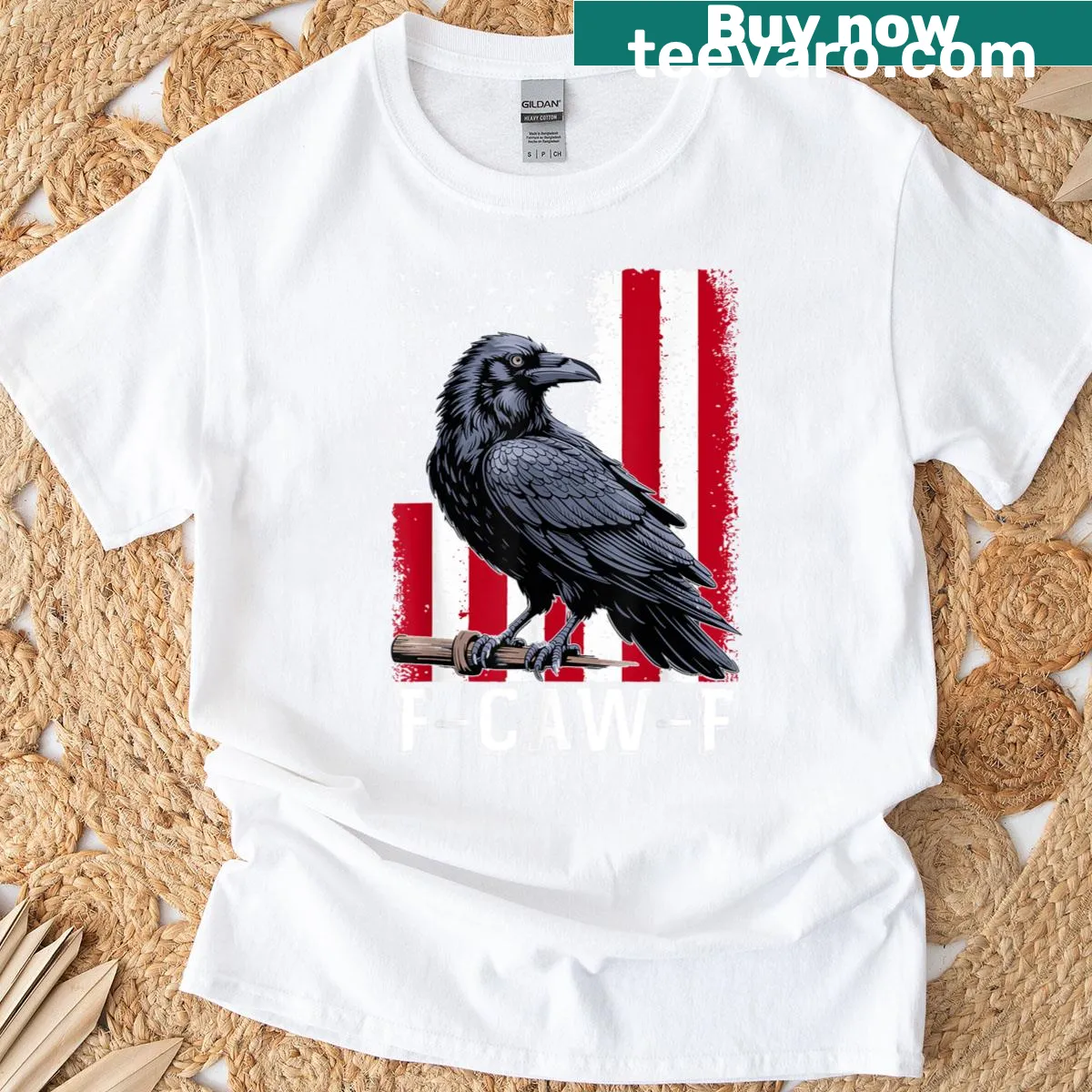 Retro black crow and USA flag graphic T-shirt — on a men's t-shirt
