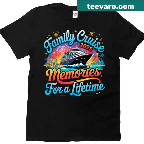 Graphic of a cruise ship with the text 'Family Cruise 2025' on a T-shirt