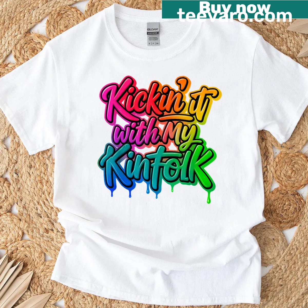 Funny T-shirt with 'Kickin It With My Kinfolk' slogan. — on a men's t-shirt