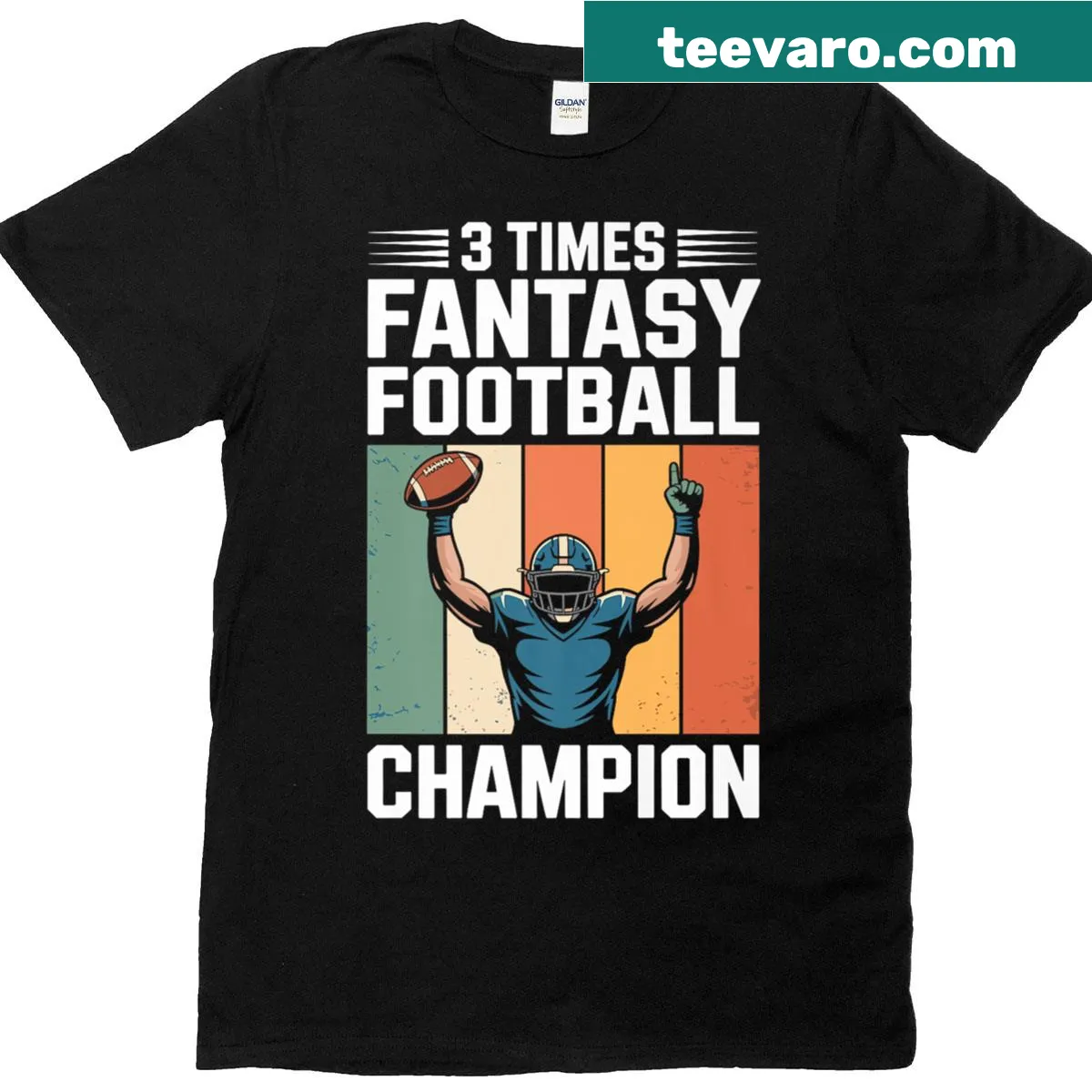 Funny T-shirt celebrating a 3-time fantasy football champion — on a men's t-shirt