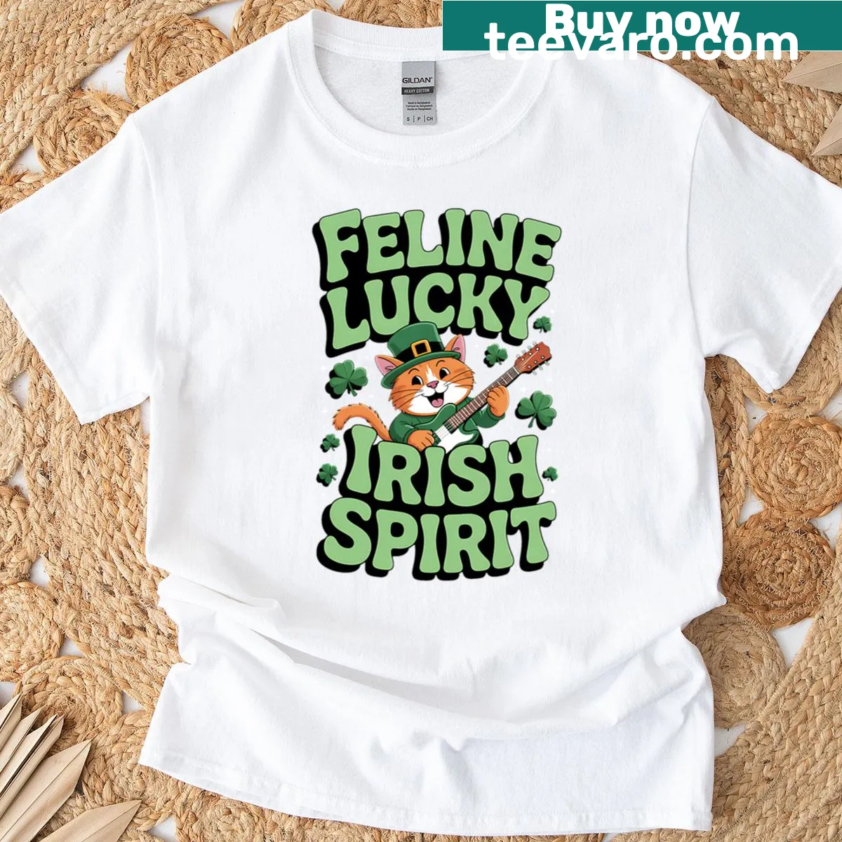 Funny St. Patrick's Day cat rocker t-shirt with shamrock design — on a men's t-shirt