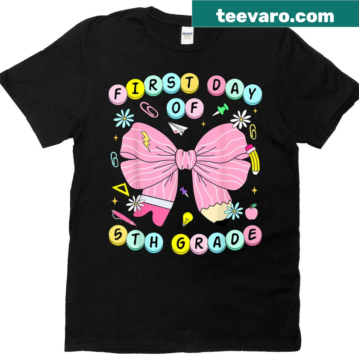 T-shirt for girls with 'First Day Of 5th Grade' in playful font — on a men's t-shirt