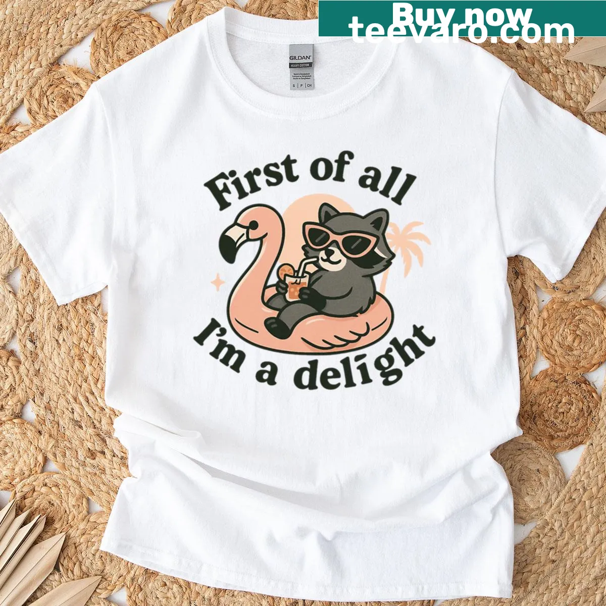 Funny oversized t-shirt with cartoon raccoon on a floatie — on a men's t-shirt