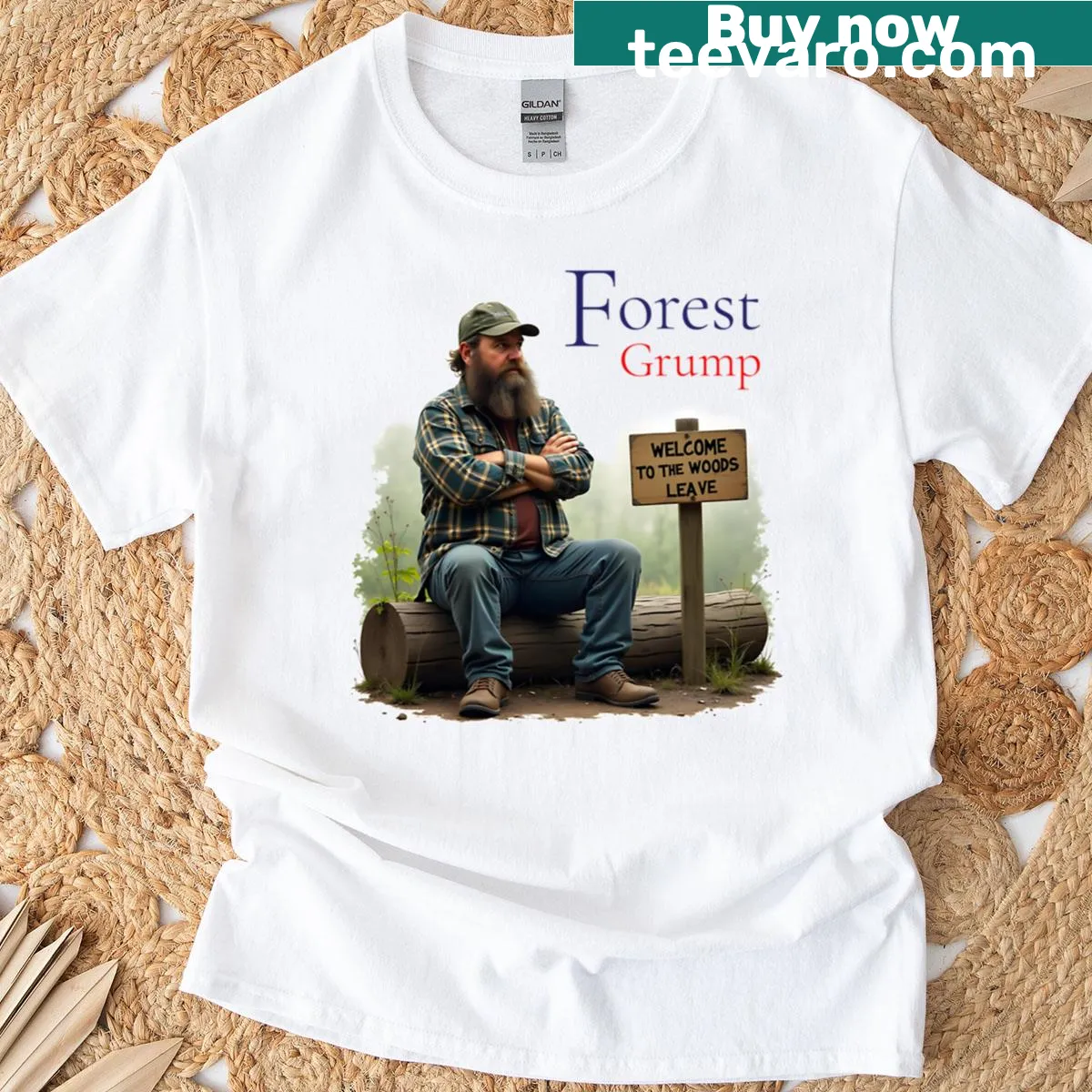 Funny wilderness t-shirt featuring a grumpy character in a forest — on a men's t-shirt
