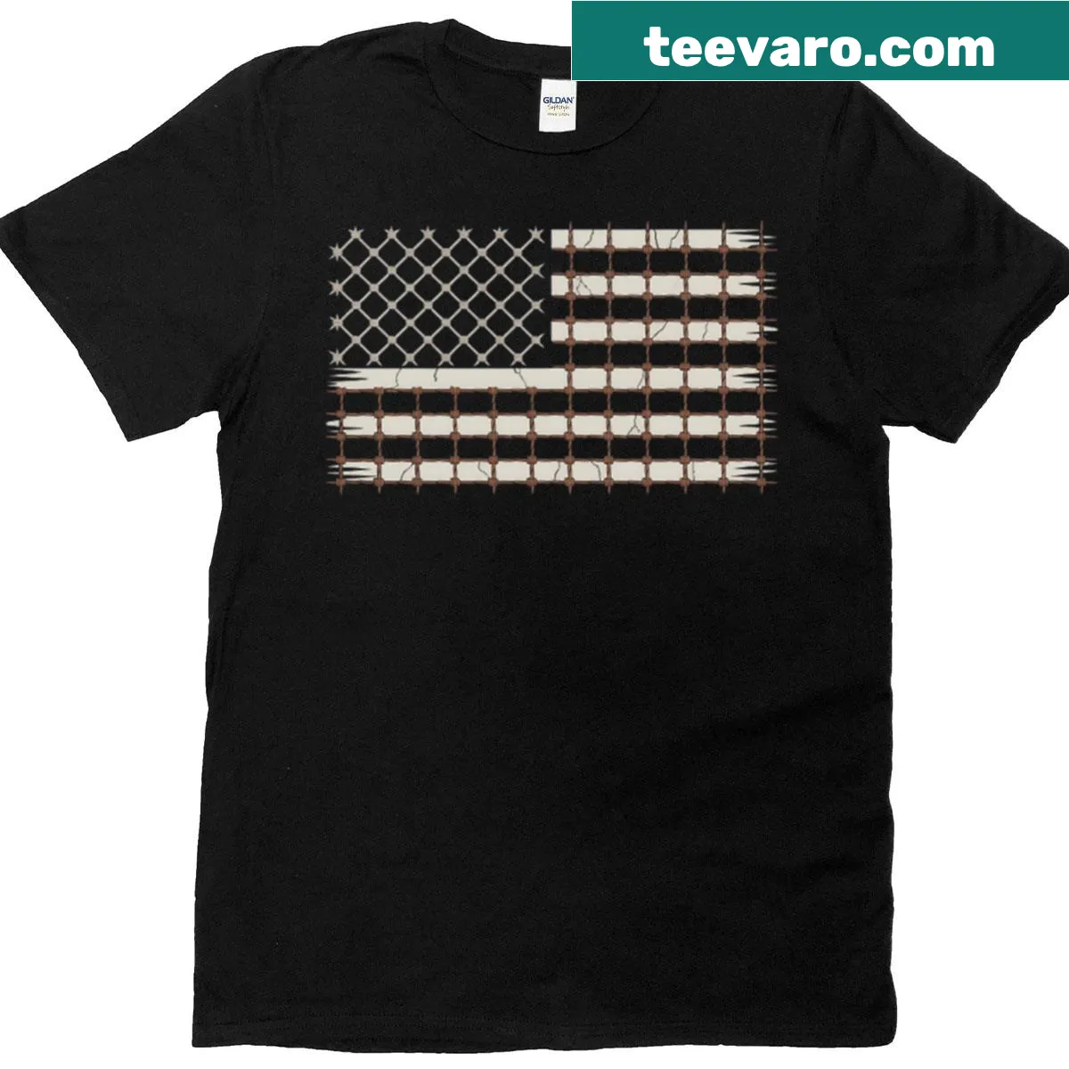 T-shirt with a funny barbed wire design around the American flag — on a men's t-shirt