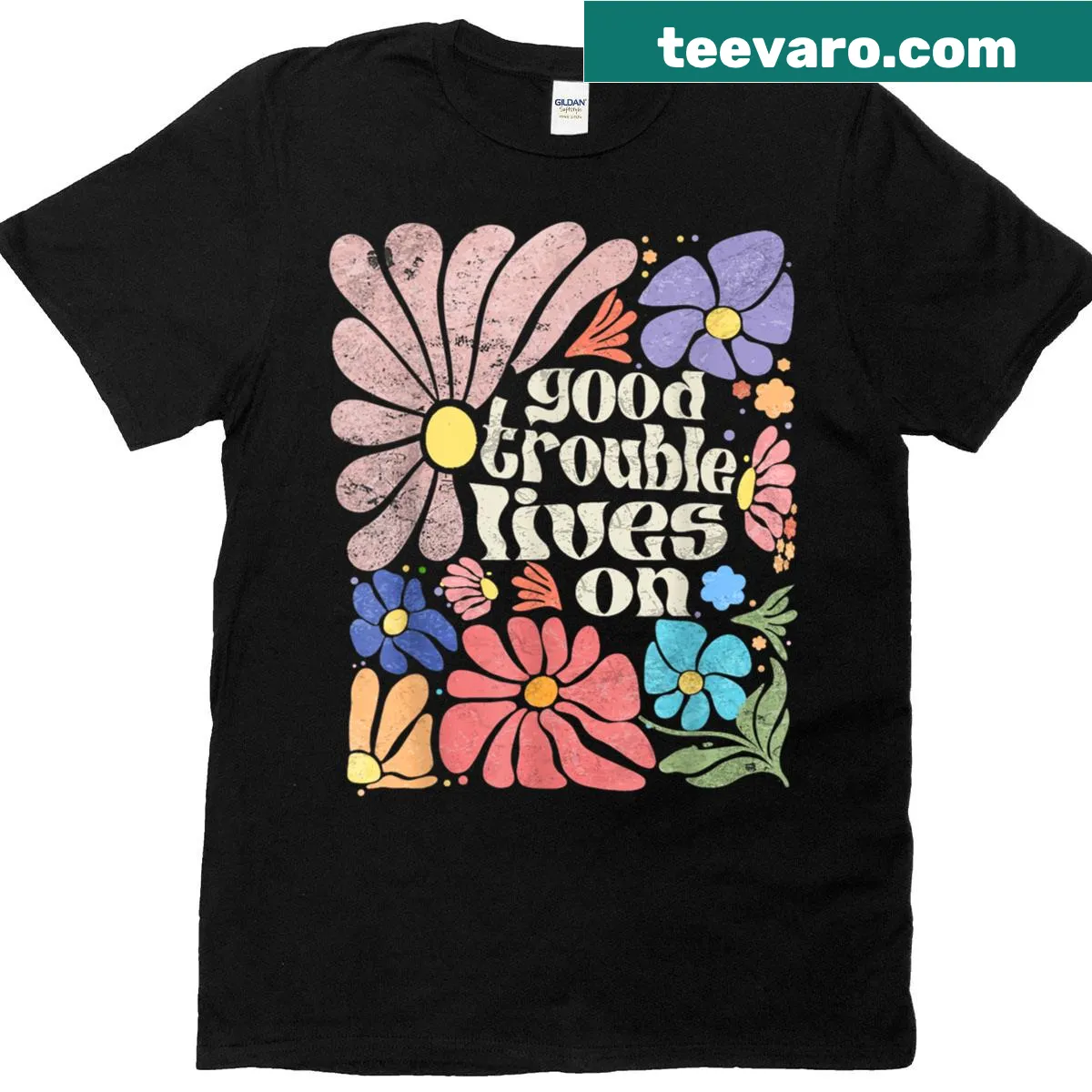 Retro floral T-shirt with activist art and humorous text — on a men's t-shirt