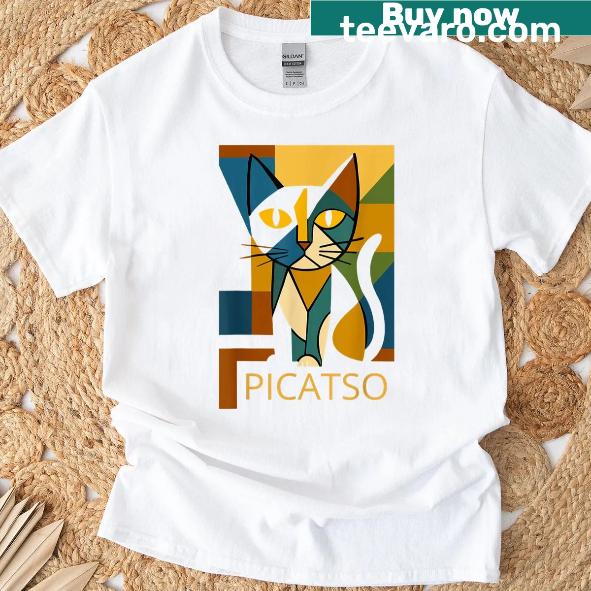 Cubism art style t-shirt featuring Cat Picatso design — on a men's t-shirt